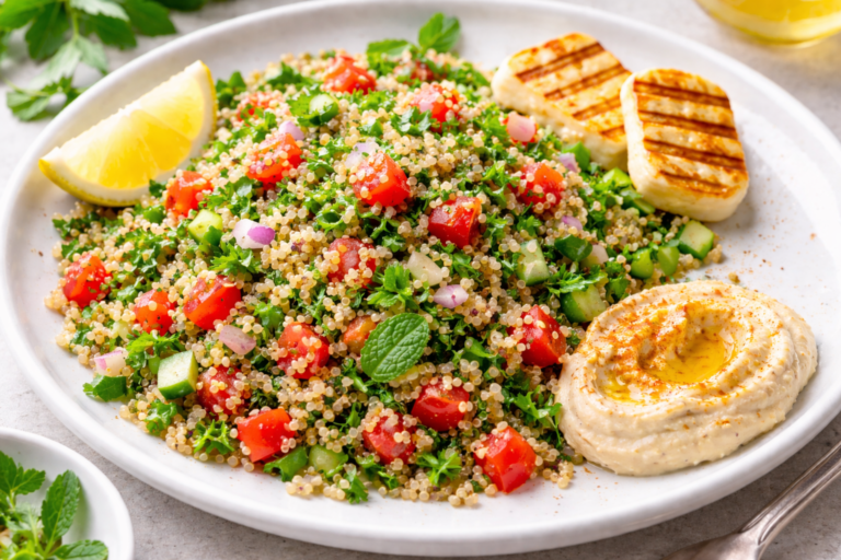 fresh quinoa tabbouleh with halloumi