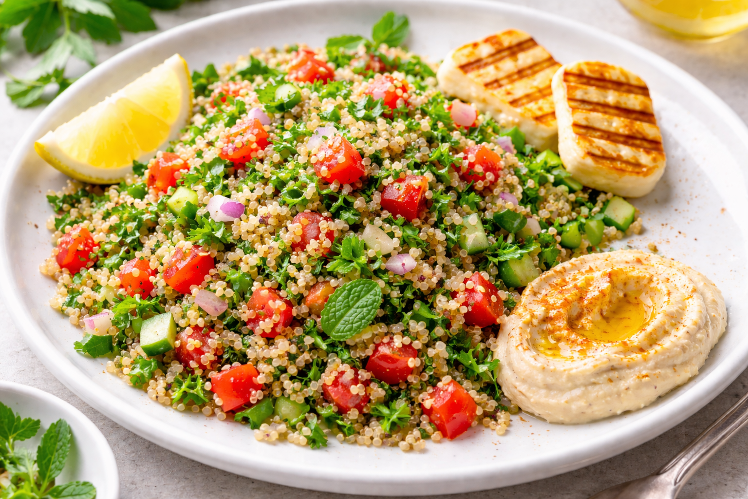 fresh quinoa tabbouleh with halloumi