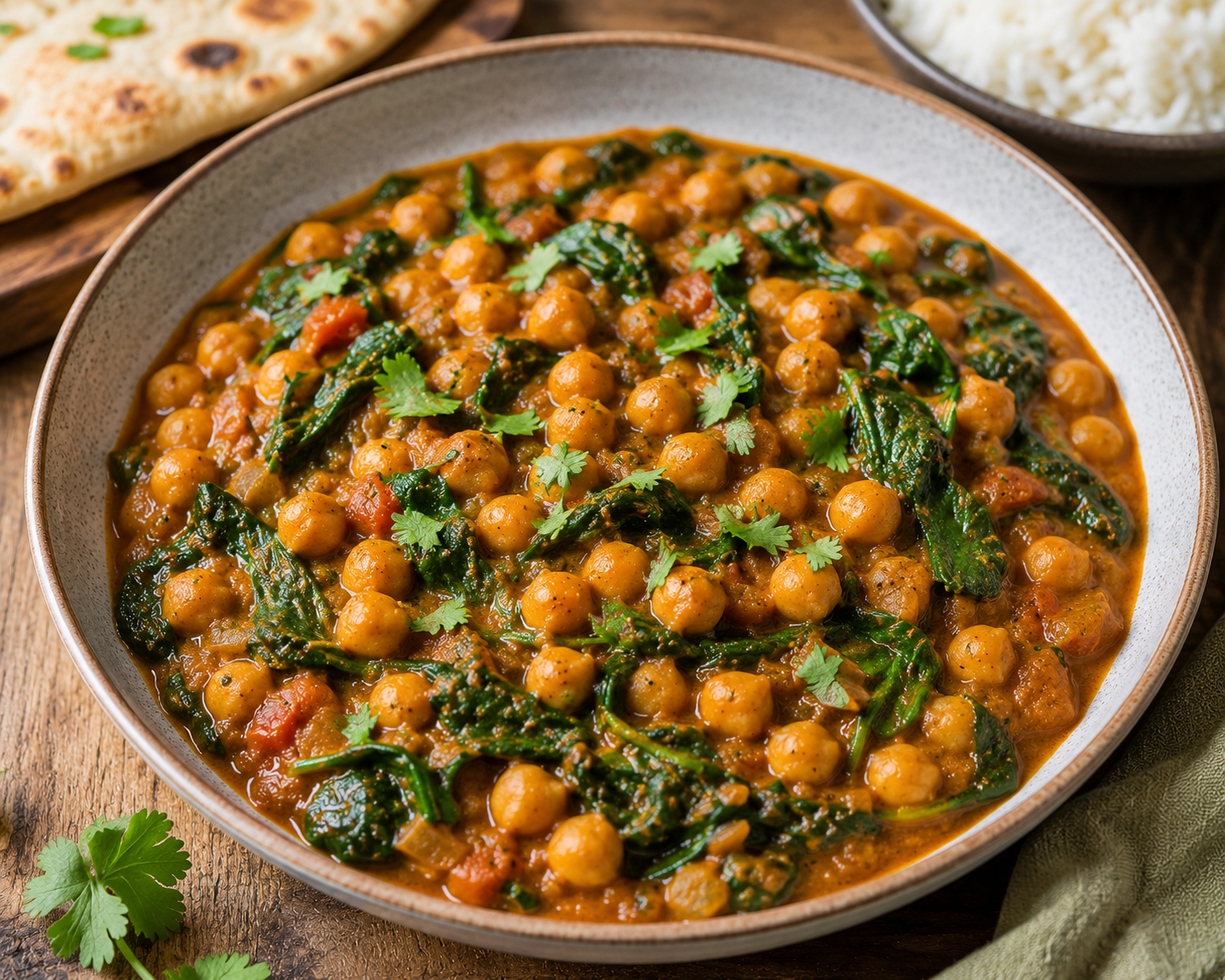 fragrant chickpea and spinach curry served in a large ceramic dish