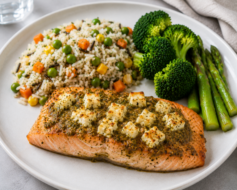 pesto salmon with basmati and wild rice and vegetables