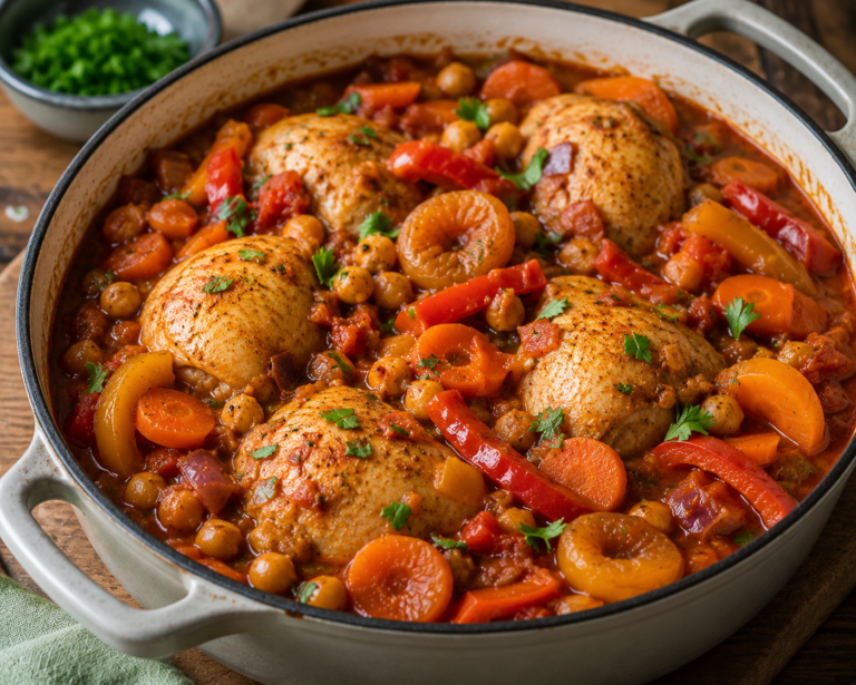 slow cooked chicken and apricots in a casserole dish
